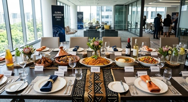 African corporate catering spread prepared for a business event in the DMV